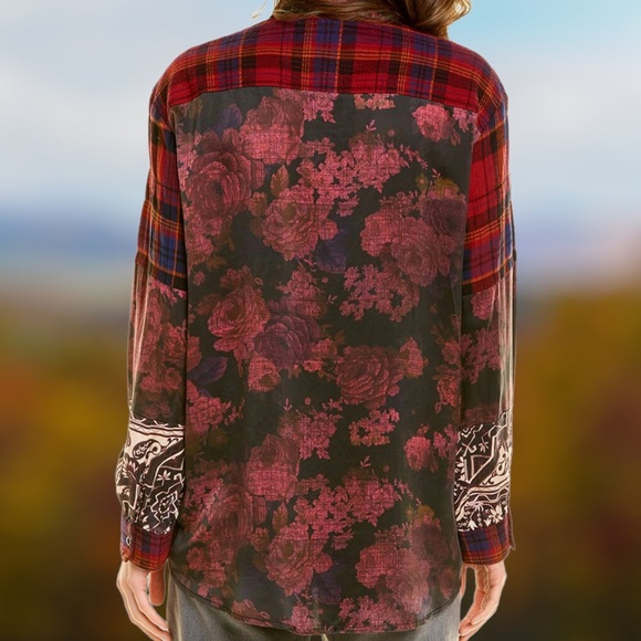 NWT - JOHNNY WAS Mulberry Rose Floral Print / Plaid Mix Up Shirt Sz XXS. - Picture 5 of 11